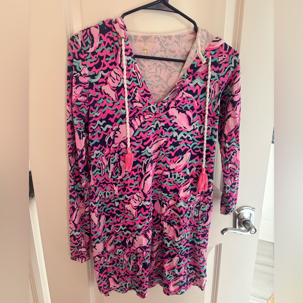 Colorful Hooded cover up with Pink and Blue Patterns